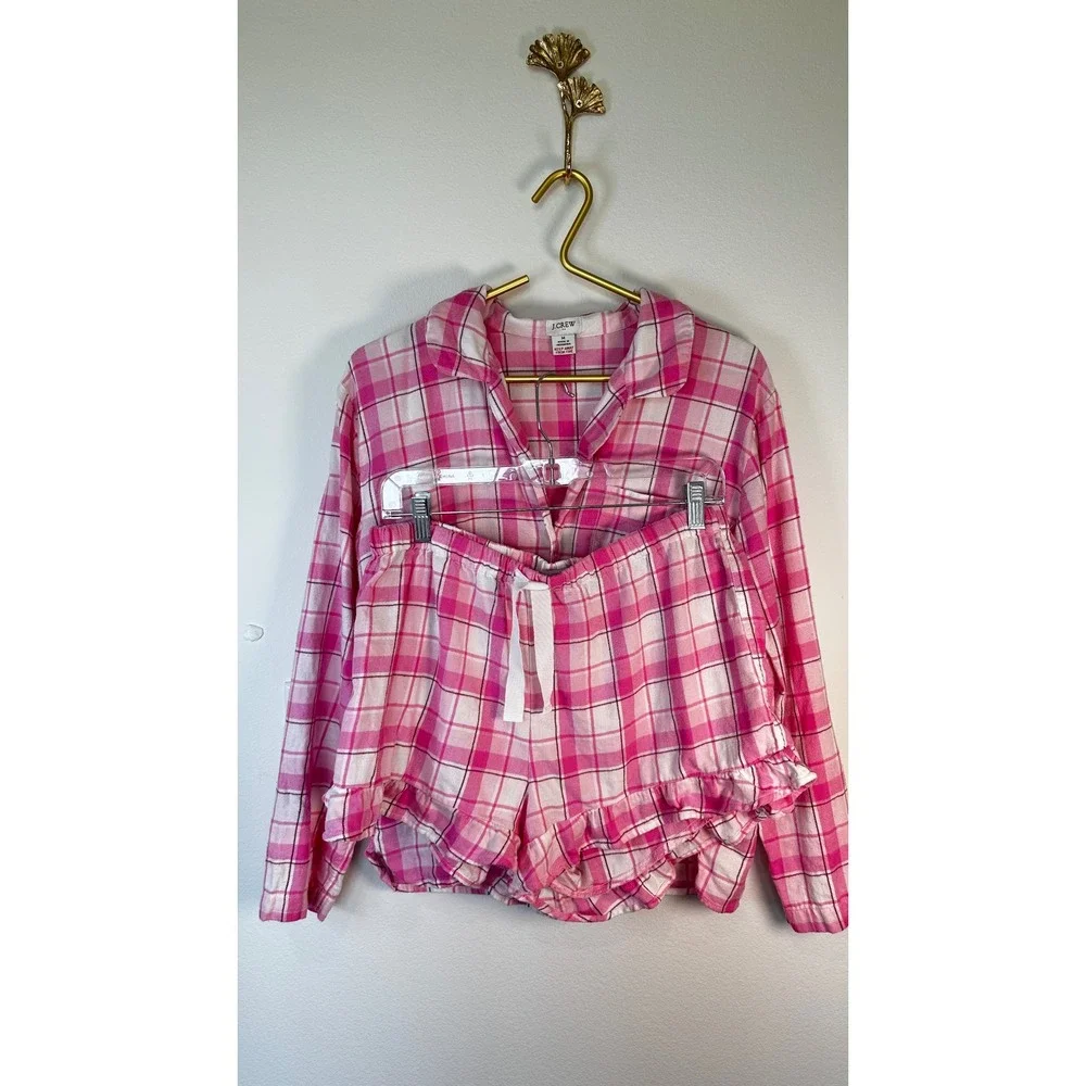 J.Crew Pink Plaid Flannel Ruffle Pajama Set Coquette Preppy M 2PC Size Medium